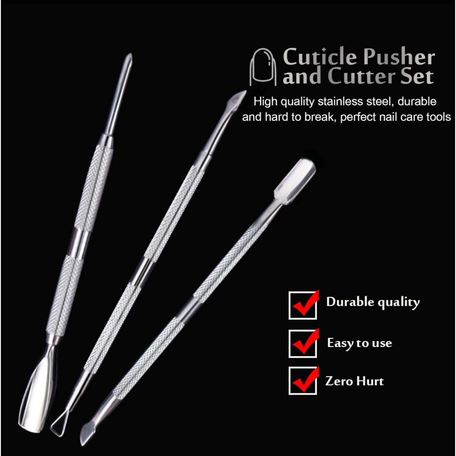 High-quality stainless steel set for precise cuticle pusher - essential pedicure and manicure tool for gel nail polish removal.