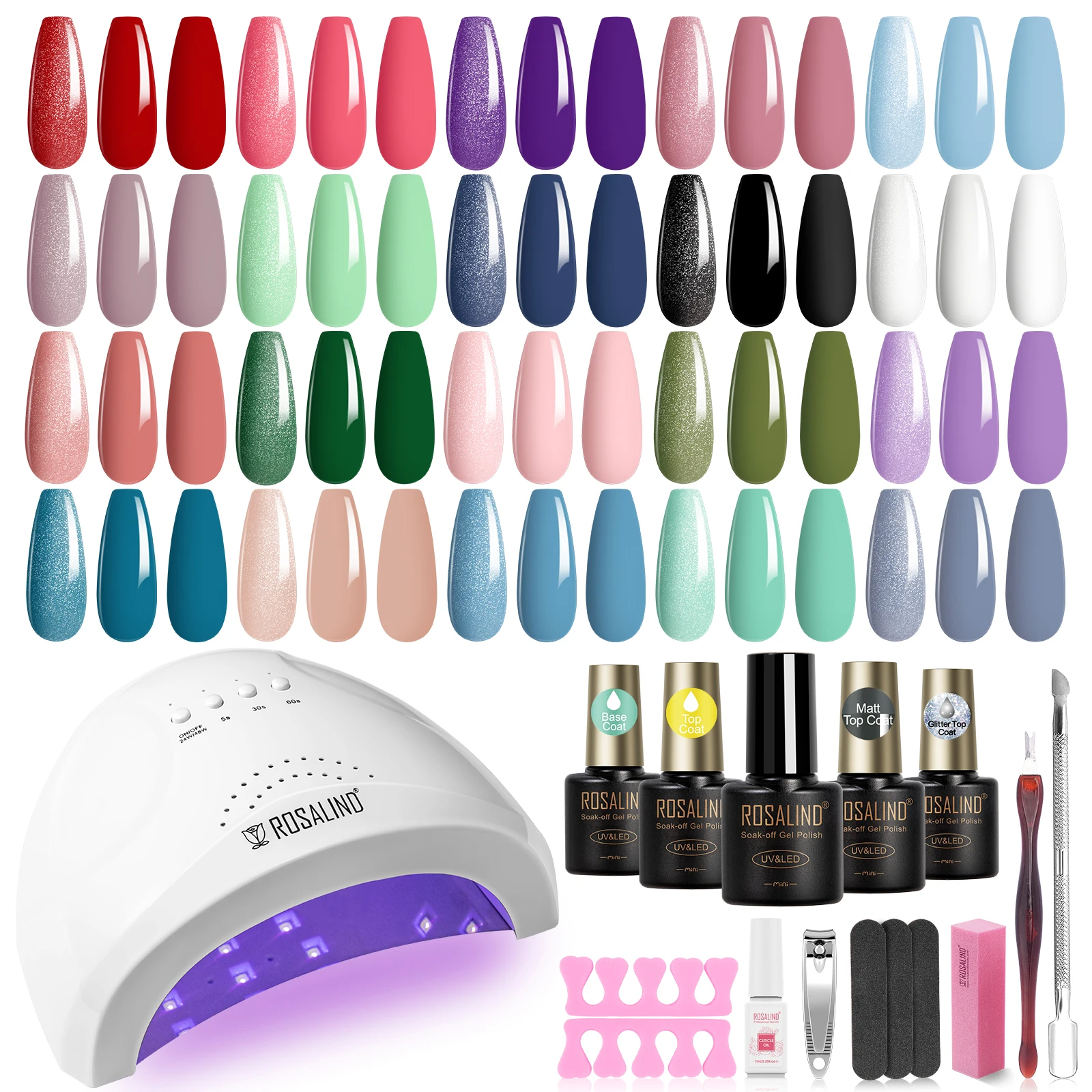 Rosalind  20 Classic Gel Nails Colors Mini Gel Nail Polish Kit with UV Light,  Base and Matte Glossy Gel Top Coat with Tool