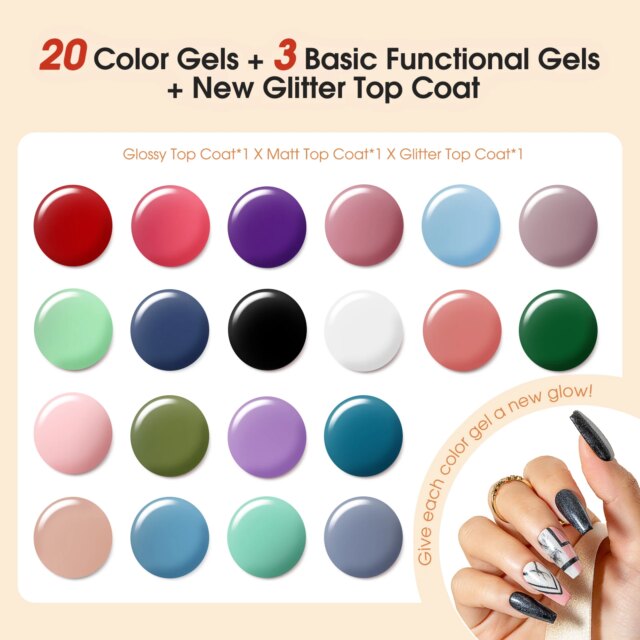 Rosalind  20 Classic Gel Nails Colors Mini Gel Nail Polish Kit with UV Light,  Base and Matte Glossy Gel Top Coat with Tool - Image 2