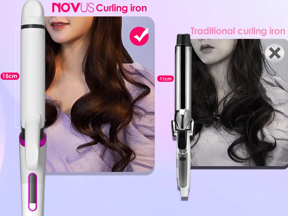 NOVUS 9.5mm Hair Curlers Ceramic Curling Iron Fast Heating 5 Temperatures Hair Iron 60 Min Auto Off LCD Screen Styling Tool