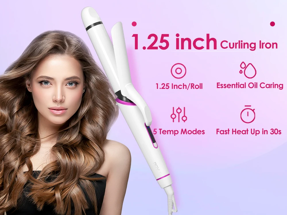 NOVUS 9.5mm Hair Curlers Ceramic Curling Iron Fast Heating 5 Temperatures Hair Iron 60 Min Auto Off LCD Screen Styling Tool