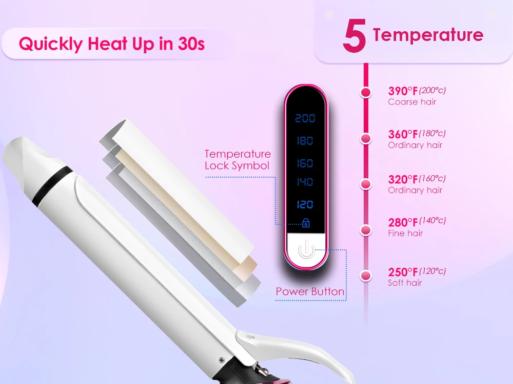 NOVUS 9.5mm Hair Curlers Ceramic Curling Iron Fast Heating 5 Temperatures Hair Iron 60 Min Auto Off LCD Screen Styling Tool