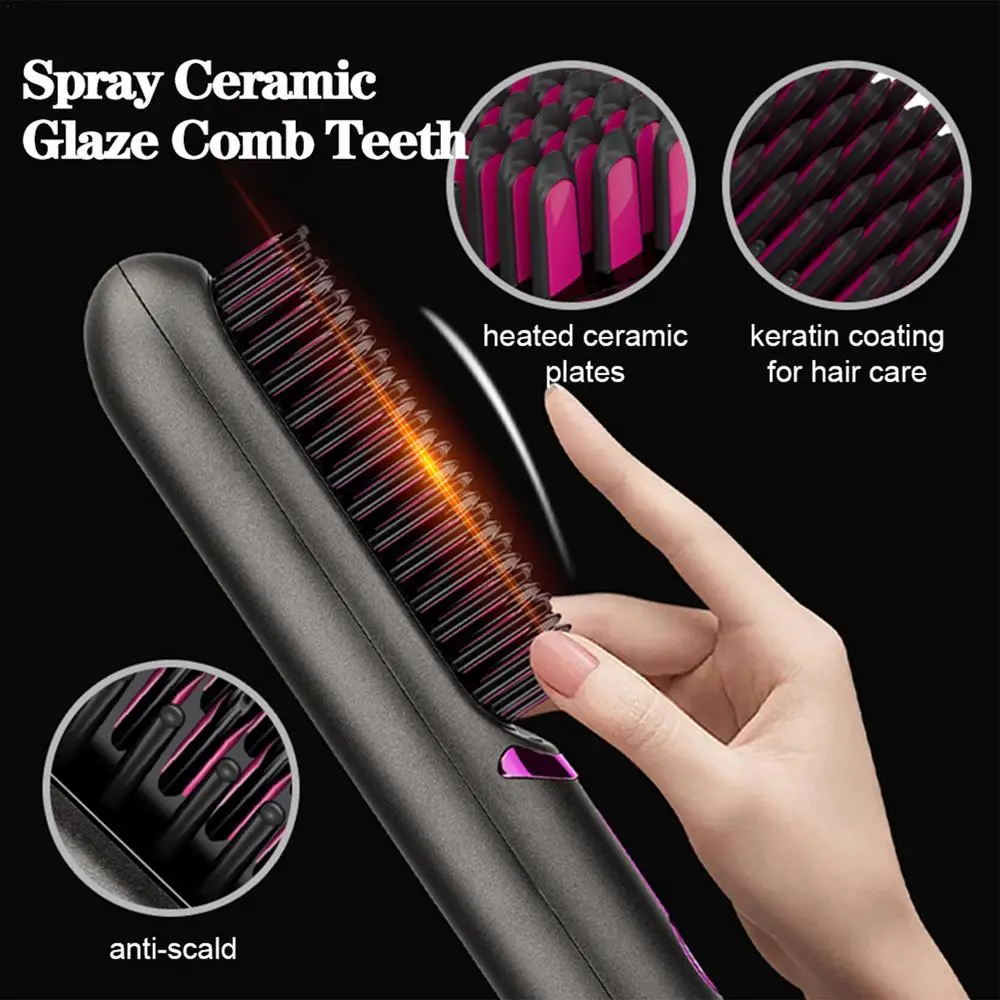 Hair Straightener Brush Fast Heating Cordless Curling Comb For Travel Portable Anti-Frizz Styling Straightener For Salon Home