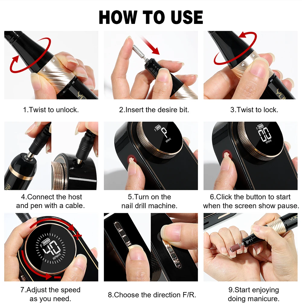 YOKEFELLOW Rechargeable Nail Drill Machine 40000 RPM Electric Nail Sander for Remove Gel Nail Portable Electric Nail file kit