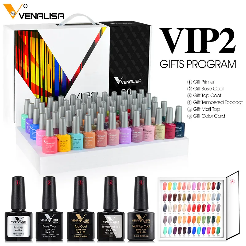 Venalisa VIP Kit Great Coverage Soak Off UV LED Nail Gel Polish Set Base Long Wear Top Coat Color Palette 60 Colors 7.5ml