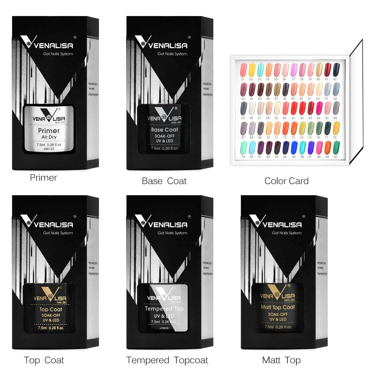 Venalisa VIP Kit Great Coverage Soak Off UV LED Nail Gel Polish Set Base Long Wear Top Coat Color Palette 60 Colors 7.5ml