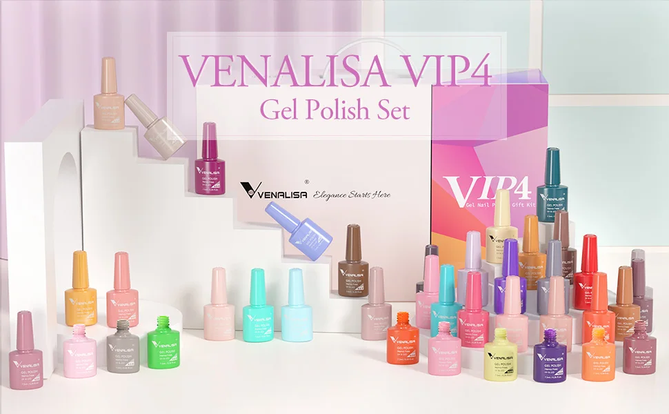 Venalisa VIP Kit Great Coverage Soak Off UV LED Nail Gel Polish Set Base Long Wear Top Coat Color Palette 60 Colors 7.5ml