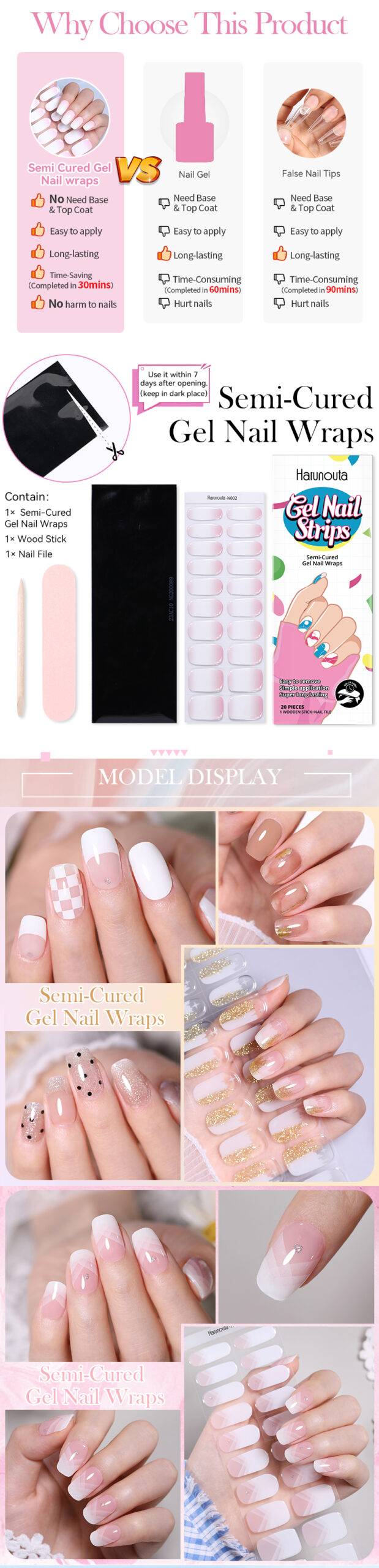 Harunouta 4pcs Semi Cured Gel Nail Wraps with Nail Dryer Gel Nail Sticker Starter Kits Press on Nails Stickers Full Cover Set