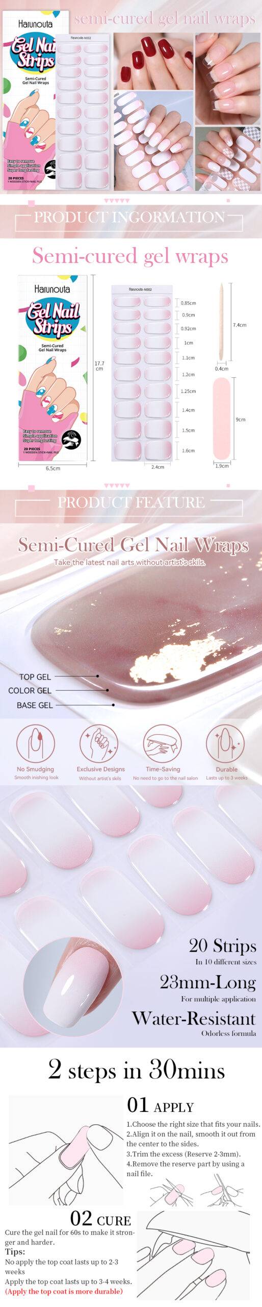 Harunouta 4pcs Semi Cured Gel Nail Wraps with Nail Dryer Gel Nail Sticker Starter Kits Press on Nails Stickers Full Cover Set