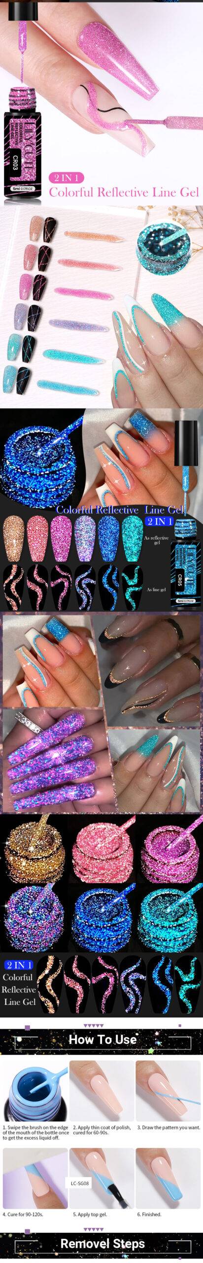 LILYCUTE 6Pcs Colorful Reflective Glitter Nail Art Liner Gel Nail Kit Sparkling Painting Gel Nail Polish Semi Permanent UV Gel