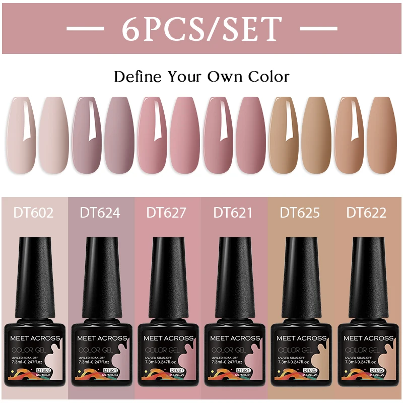 MEET ACROSS 6Pcs/Set 7.3ml Gel Nail Polish For Nails Nude Brown Semi Permanent Nail Art LED UV Gel Varnish Nail Supplies