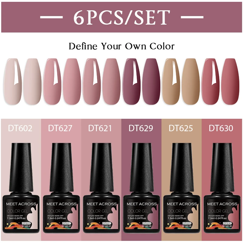 MEET ACROSS 6Pcs/Set 7.3ml Gel Nail Polish For Nails Nude Brown Semi Permanent Nail Art LED UV Gel Varnish Nail Supplies