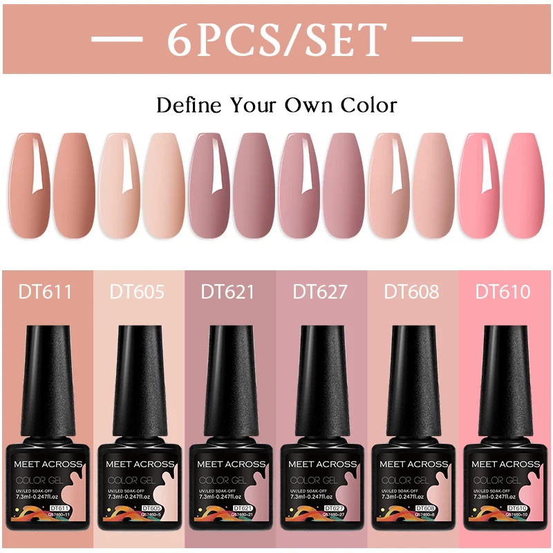 MEET ACROSS 6Pcs/Set 7.3ml Gel Nail Polish For Nails Nude Brown Semi Permanent Nail Art LED UV Gel Varnish Nail Supplies