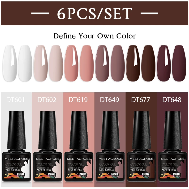 MEET ACROSS 6Pcs/Set 7.3ml Gel Nail Polish For Nails Nude Brown Semi Permanent Nail Art LED UV Gel Varnish Nail Supplies