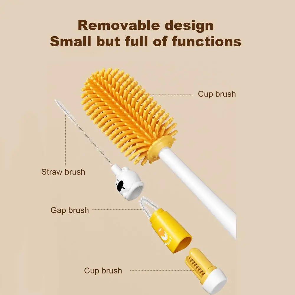 Bottle And Nipple Brush Set 4-in-1 Cartoon Nipple Lid Cleaning Brush Detachable Bottle Washing Brush Long-Handle Bottle Cleaning