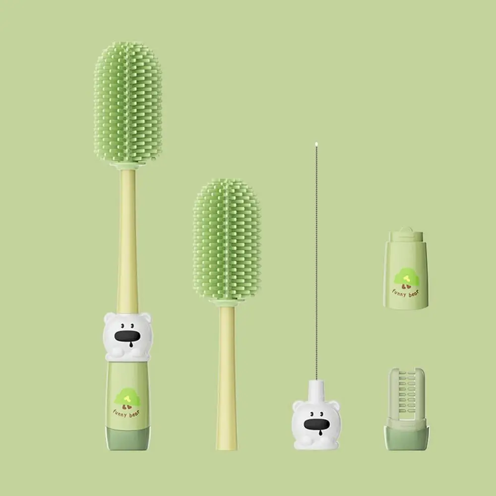 Bottle And Nipple Brush Set 4-in-1 Cartoon Nipple Lid Cleaning Brush Detachable Bottle Washing Brush Long-Handle Bottle Cleaning