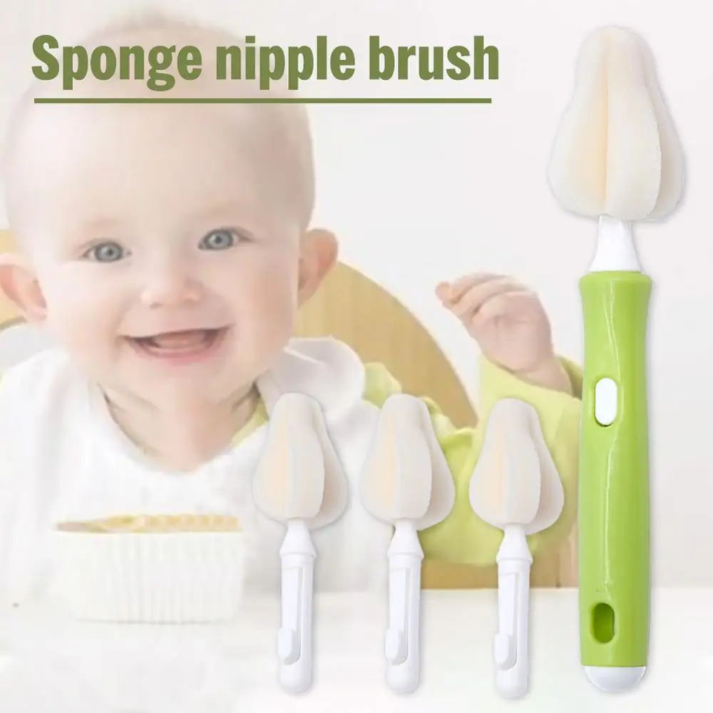 Sponge Brush Baby Nipple Milk Bottle Cup 360 Degree Clean Pacifier with 4pcs Replacement Sponge Heads Special Cleaning