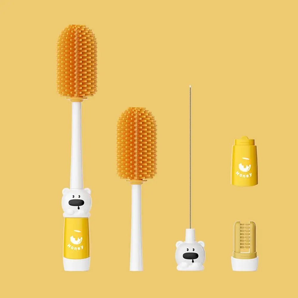 Bottle Nipple Brush 4-in-1 Cartoon Nipple Lid Cleaning Brush Detachable Bottle Washing Brush Long-Handle Bottle Cleaning Tool