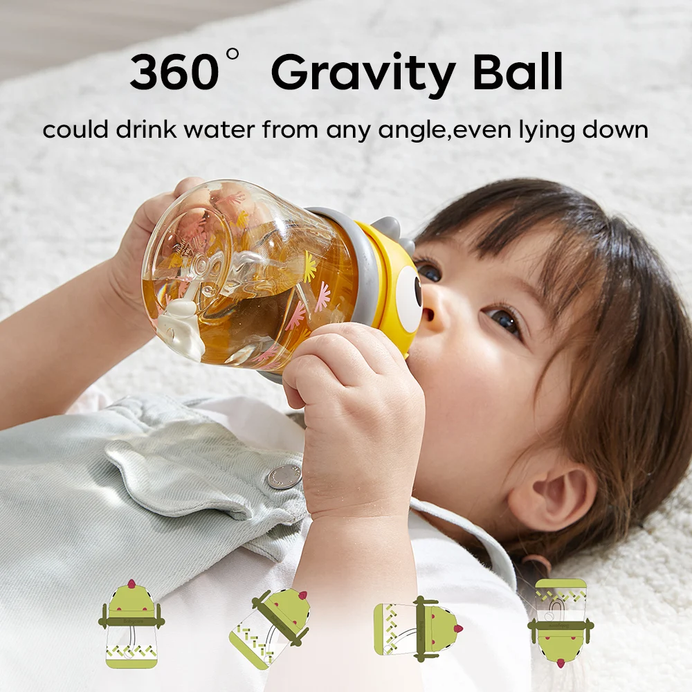 BC Babycare 300/150ml  10.1/5.1oz PPSU 12month+ Training Sippy Cup Gravity Ball Leakproof Dinosaur Handle Straw Water Bottles