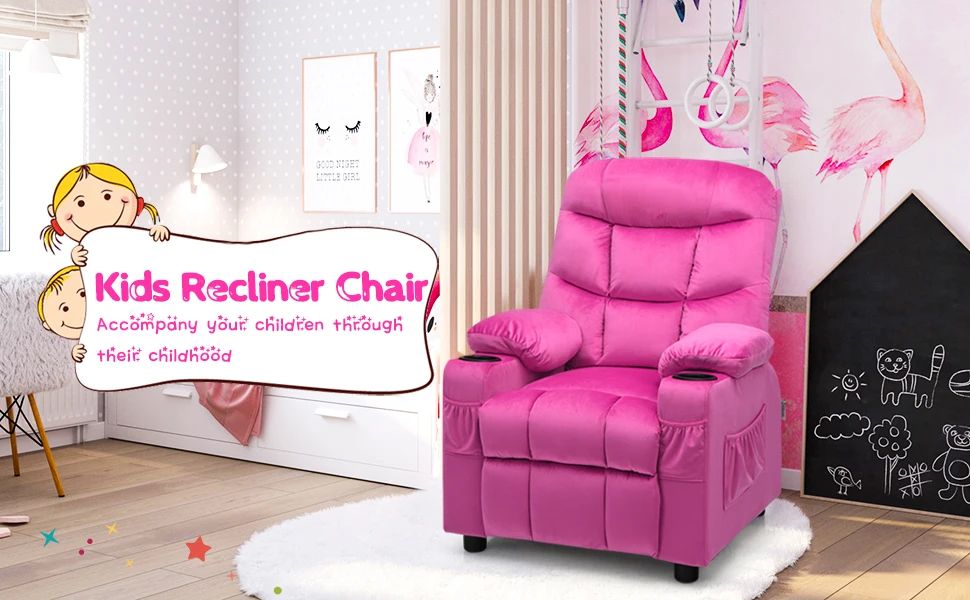 Kids Velvet Recliner Chair with Cup Holder, Footrest & Side Pockets for Children Boys Girls Baby Bedroom, Adjustable, Er