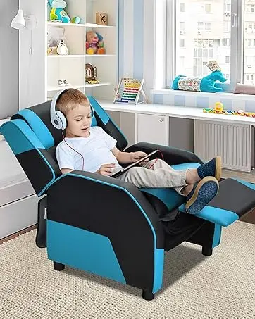 Kids Velvet Recliner Chair with Cup Holder, Footrest & Side Pockets for Children Boys Girls Baby Bedroom, Adjustable, Er