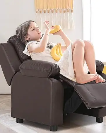 Kids Velvet Recliner Chair with Cup Holder, Footrest & Side Pockets for Children Boys Girls Baby Bedroom, Adjustable, Er