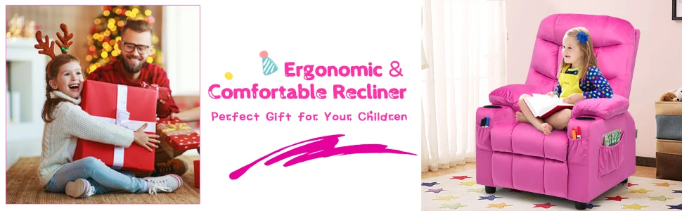 Kids Velvet Recliner Chair with Cup Holder, Footrest & Side Pockets for Children Boys Girls Baby Bedroom, Adjustable, Er