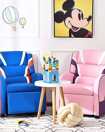 Kids Velvet Recliner Chair with Cup Holder, Footrest & Side Pockets for Children Boys Girls Baby Bedroom, Adjustable, Er
