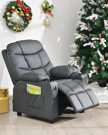 Kids Velvet Recliner Chair with Cup Holder, Footrest & Side Pockets for Children Boys Girls Baby Bedroom, Adjustable, Er