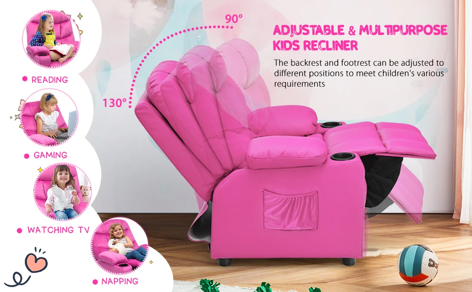 Kids Velvet Recliner Chair with Cup Holder, Footrest & Side Pockets for Children Boys Girls Baby Bedroom, Adjustable, Er