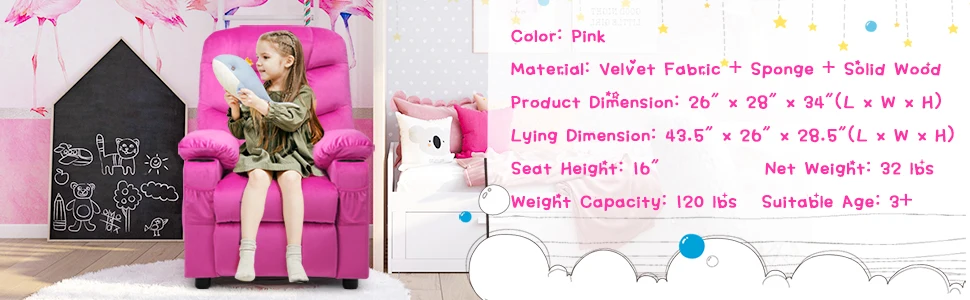 Kids Velvet Recliner Chair with Cup Holder, Footrest & Side Pockets for Children Boys Girls Baby Bedroom, Adjustable, Er