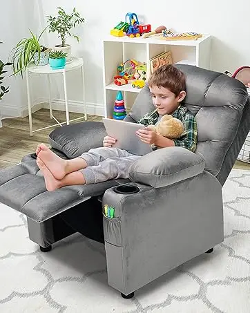 Kids Velvet Recliner Chair with Cup Holder, Footrest & Side Pockets for Children Boys Girls Baby Bedroom, Adjustable, Er