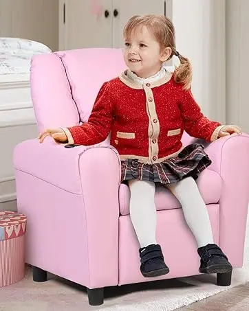 Kids Velvet Recliner Chair with Cup Holder, Footrest & Side Pockets for Children Boys Girls Baby Bedroom, Adjustable, Er