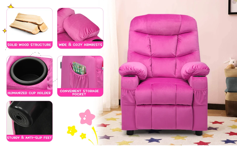 Kids Velvet Recliner Chair with Cup Holder, Footrest & Side Pockets for Children Boys Girls Baby Bedroom, Adjustable, Er