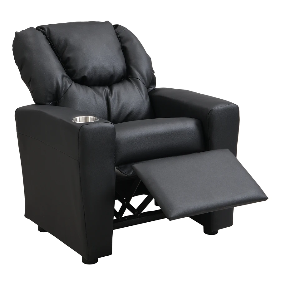 Children's Recliner Black Pvc, Modern Comfortable Living Room Armchair, Multi-functional Sofa With Cup Holder