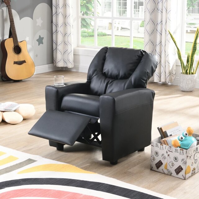 Children's Recliner Black Pvc, Modern Comfortable Living Room Armchair, Multi-functional Sofa With Cup Holder