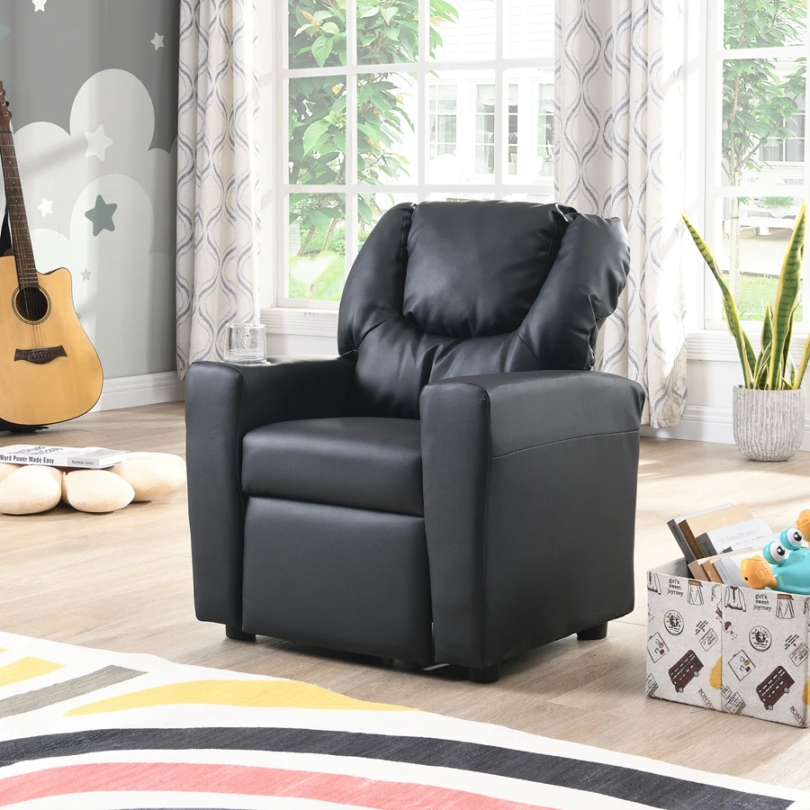 Children's Recliner Black Pvc, Modern Comfortable Living Room Armchair, Multi-functional Sofa With Cup Holder