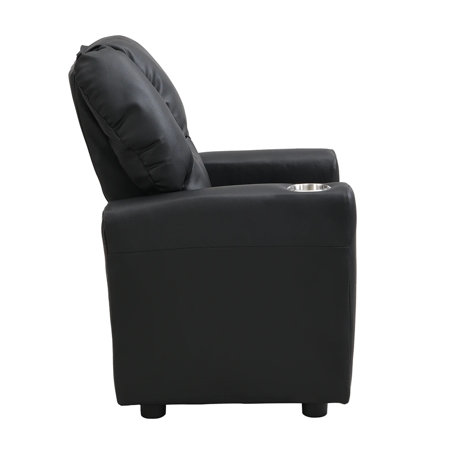 Children's Recliner Black Pvc, Modern Comfortable Living Room Armchair, Multi-functional Sofa With Cup Holder