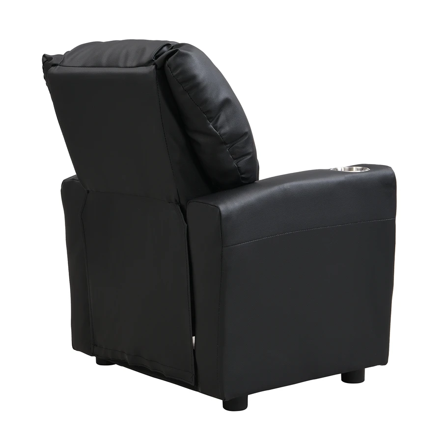 Children's Recliner Black Pvc, Modern Comfortable Living Room Armchair, Multi-functional Sofa With Cup Holder