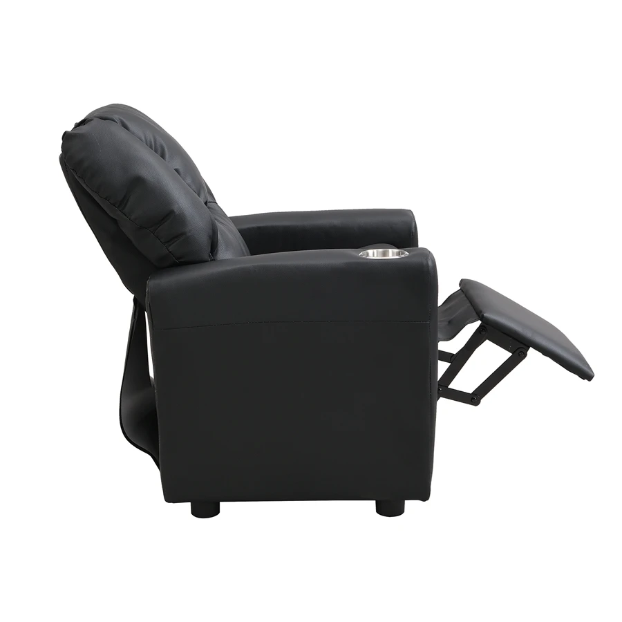 Children's Recliner Black Pvc, Modern Comfortable Living Room Armchair, Multi-functional Sofa With Cup Holder