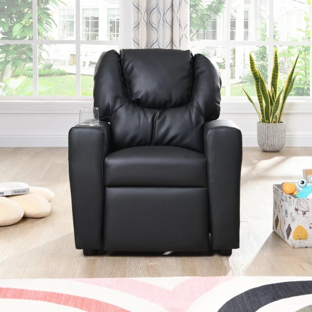 Children's Recliner Black Pvc, Modern Comfortable Living Room Armchair, Multi-functional Sofa With Cup Holder - Image 2