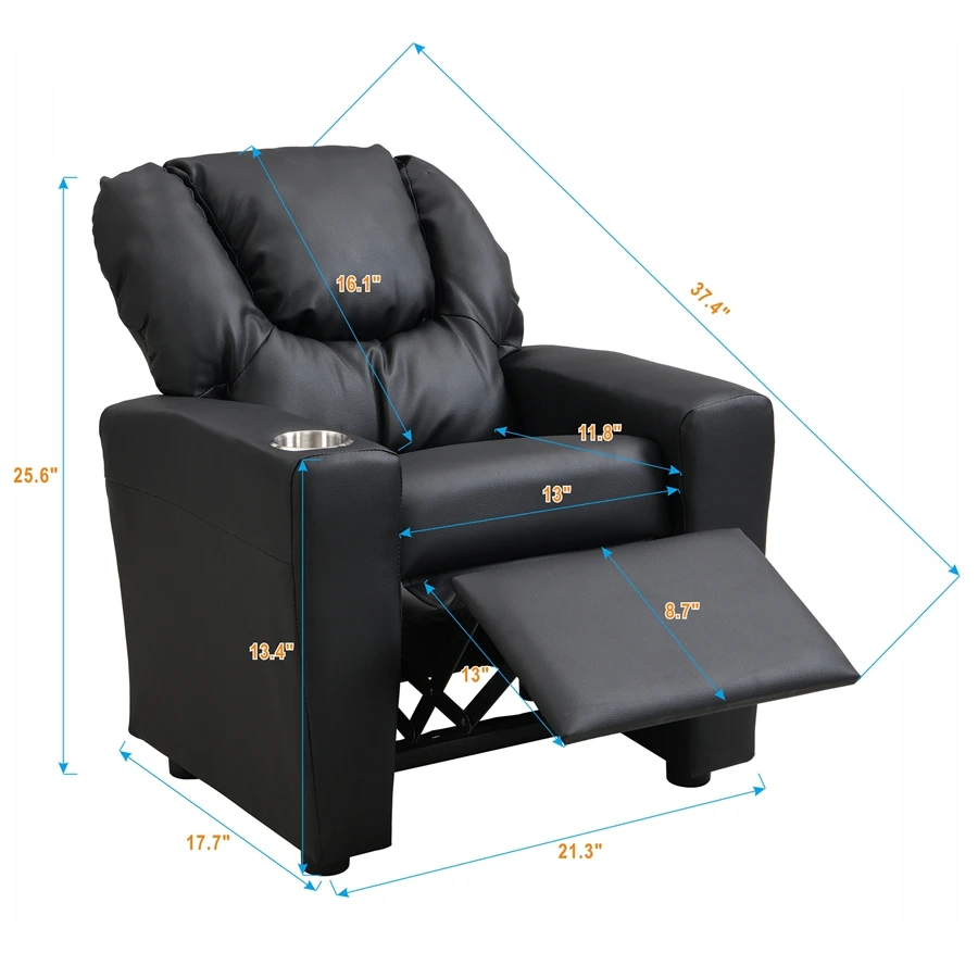 Children's Recliner Black Pvc, Modern Comfortable Living Room Armchair, Multi-functional Sofa With Cup Holder