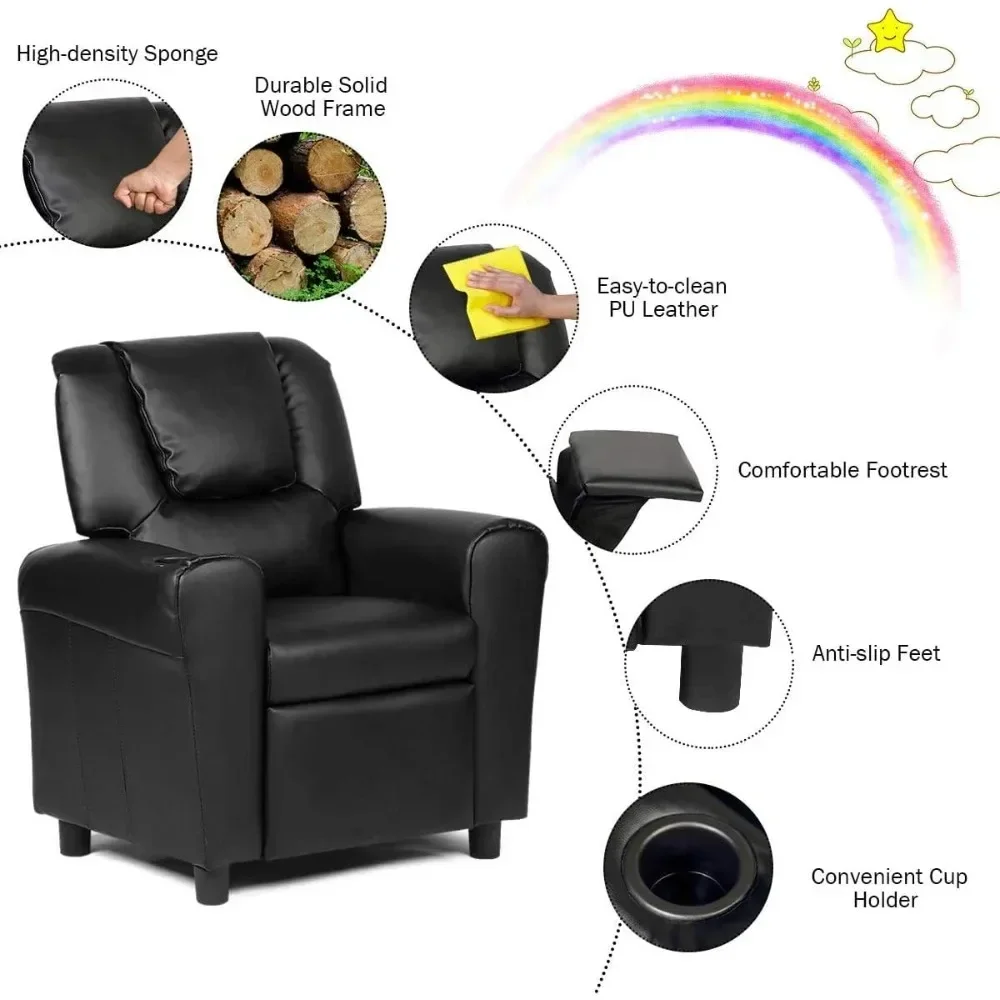 Children's lounge chair, children's armchair, padded sofa with cup holder,backrest,baby leather sofa with headrest and footstool