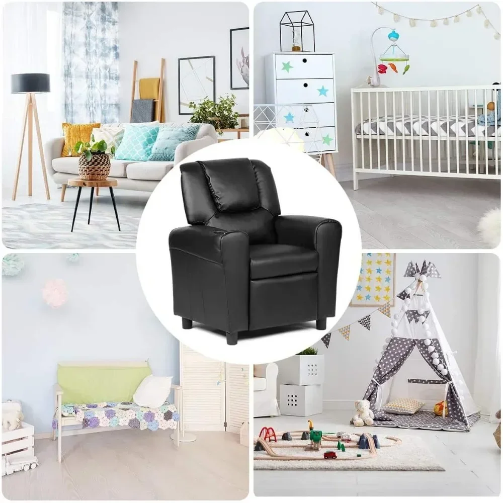 Children's lounge chair, children's armchair, padded sofa with cup holder,backrest,baby leather sofa with headrest and footstool