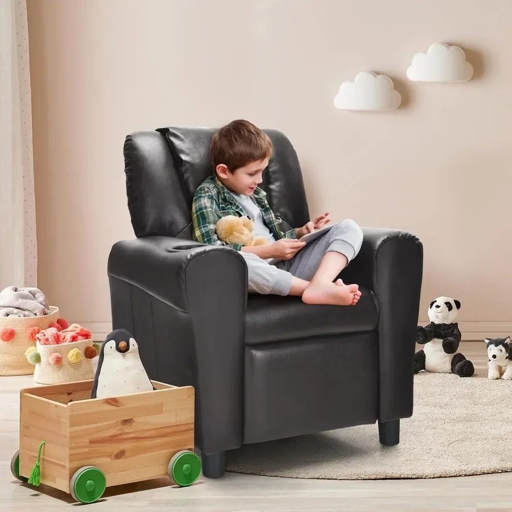 Children's lounge chair, children's armchair, padded sofa with cup holder,backrest,baby leather sofa with headrest and footstool