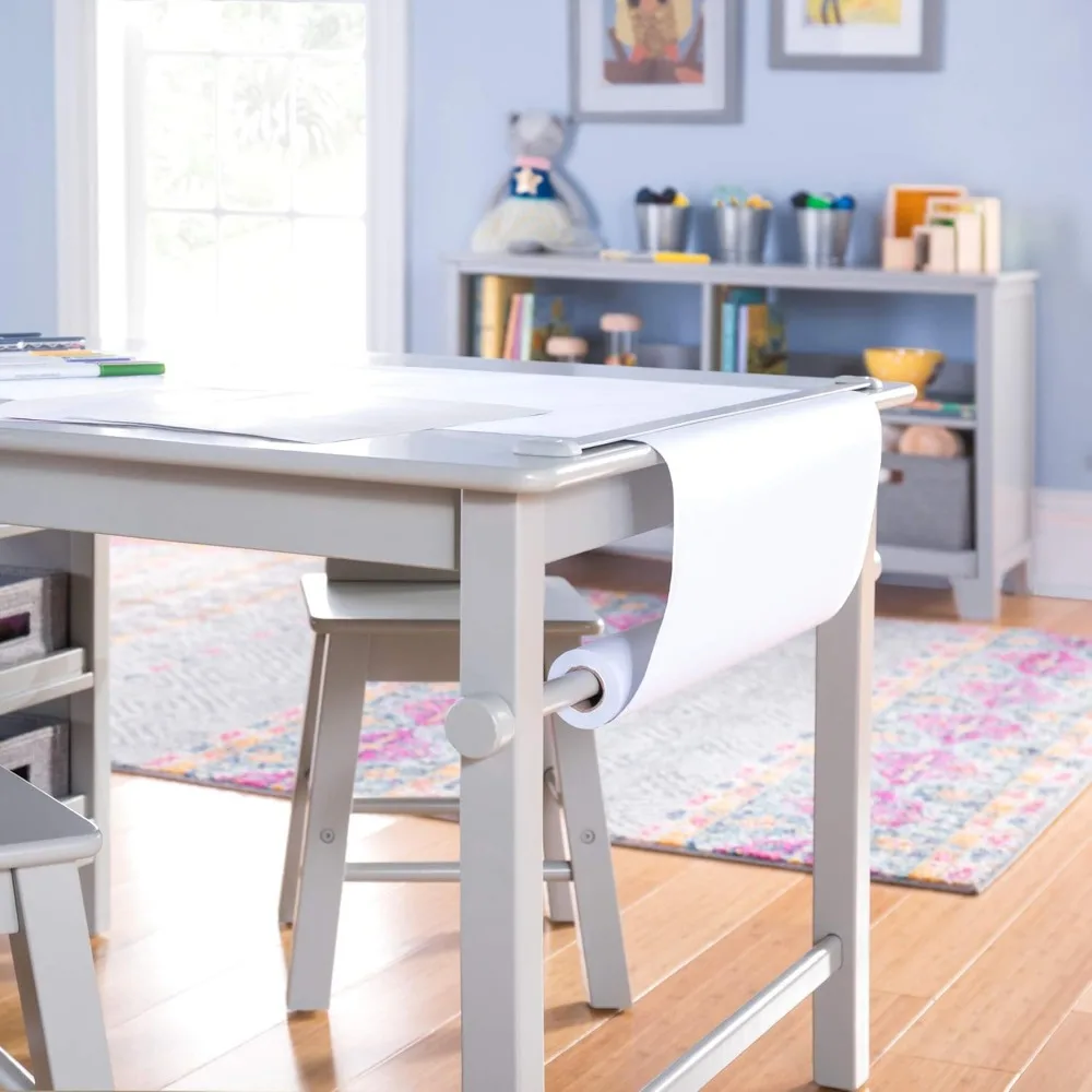 Kids' Art Table and Stool Set (Gray) - Wooden Drawing and Painting Desk with Paper Roller, Paint Cups and Removable Craft