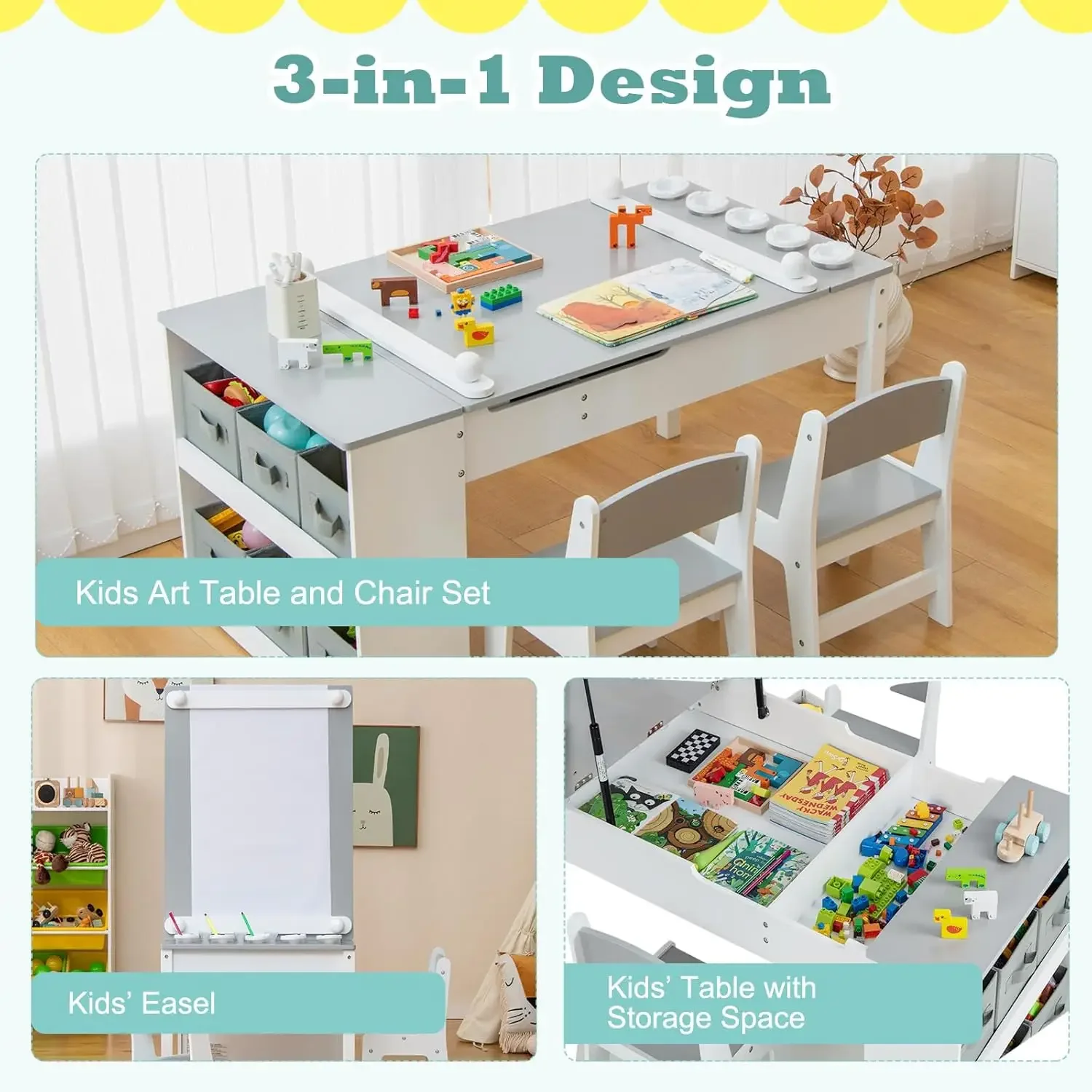 3 in 1 Kids Table and Chair Set, Wood Art Table & Easel Set with 2 Chairs, 6 Storage Bins, Paper Roller, Paint Cups for Draw