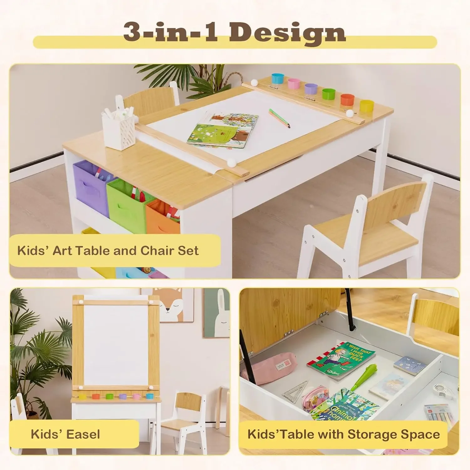 3 in 1 Kids Table and Chair Set, Wood Art Table & Easel Set with 2 Chairs, 6 Storage Bins, Paper Roller, Paint Cups for Draw