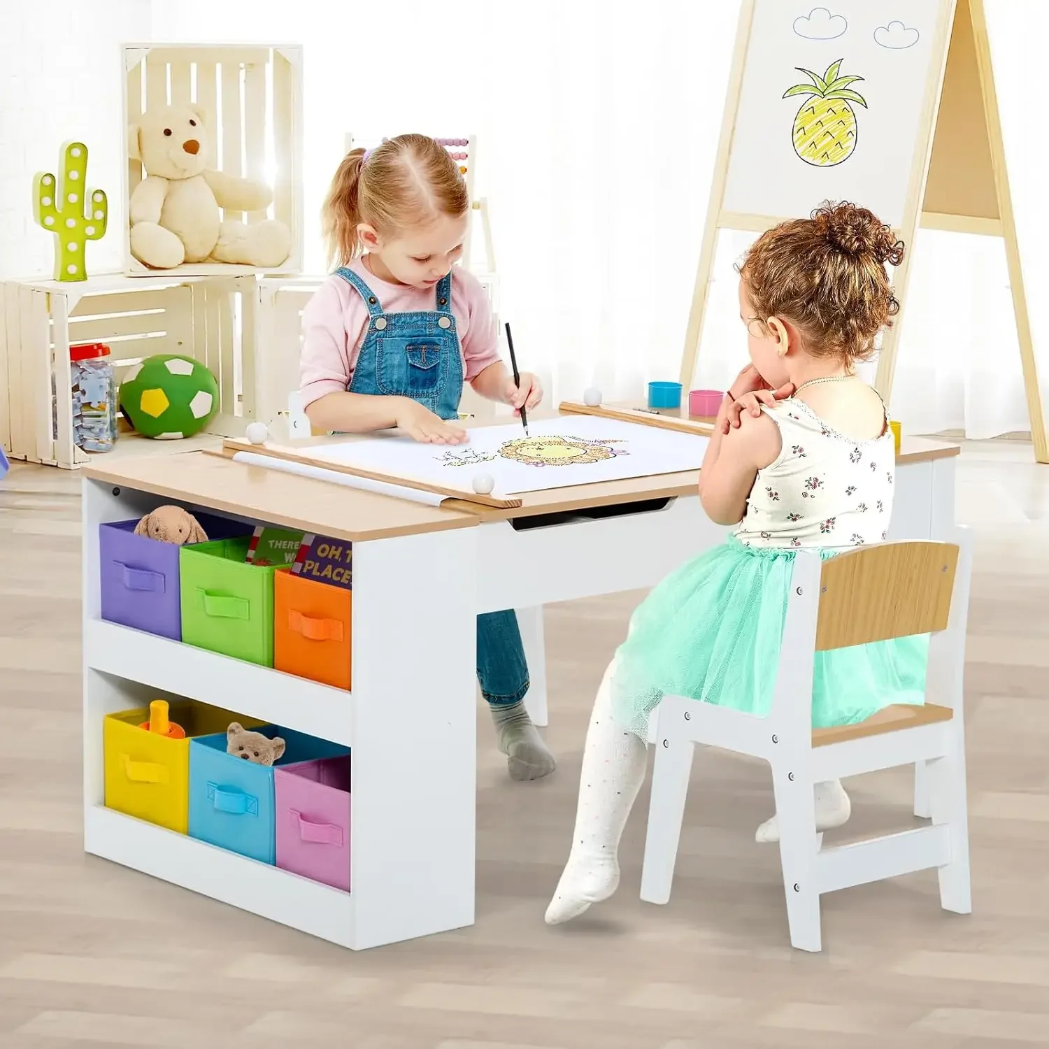 3 in 1 Kids Table and Chair Set, Wood Art Table & Easel Set with 2 Chairs, 6 Storage Bins, Paper Roller, Paint Cups for Draw