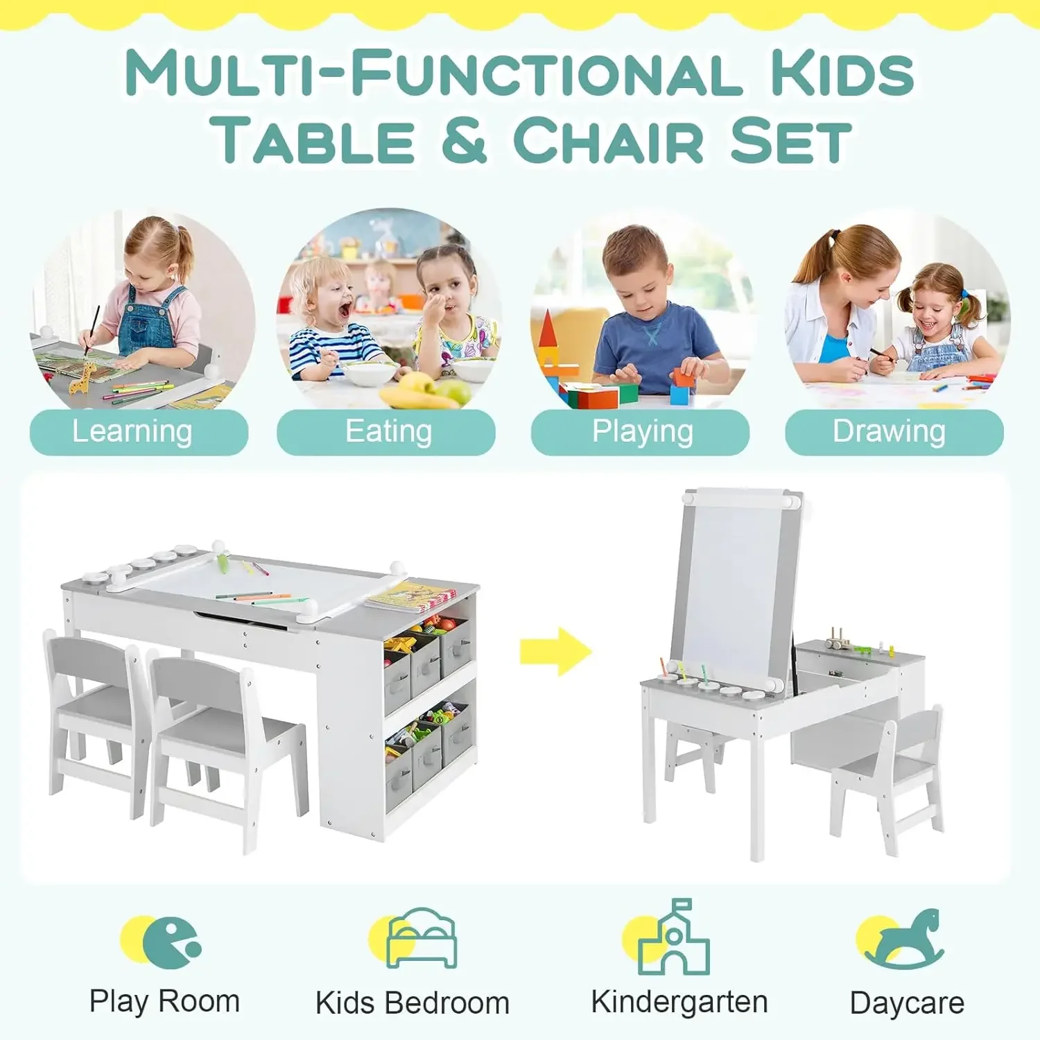 3 in 1 Kids Table and Chair Set, Wood Art Table & Easel Set with 2 Chairs, 6 Storage Bins, Paper Roller, Paint Cups for Draw